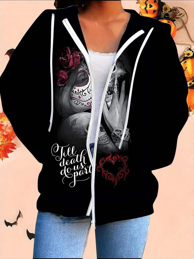 Halloween 3D Printed Hooded Cardigan Plus Size Autumn Winter Retro
