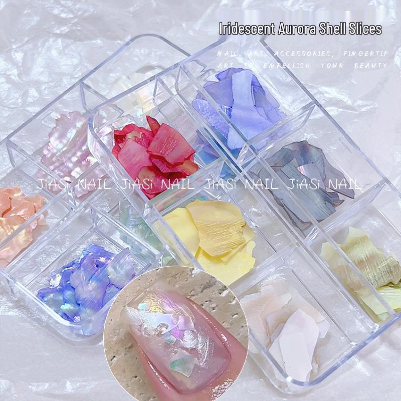 Iridescent Abalone Nail Decor: Ultra-Thin Shell Fragments in 6-Grid Box