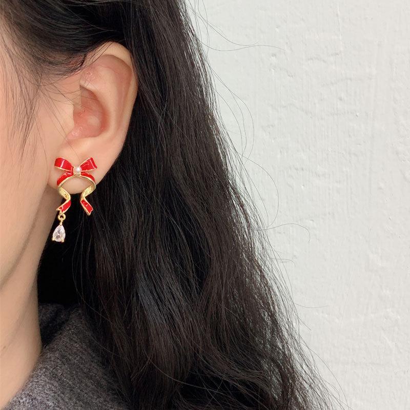 Vintage Red Bow Headband Earrings, High-End Earrings For Autumn And Winter Wedding Commuting