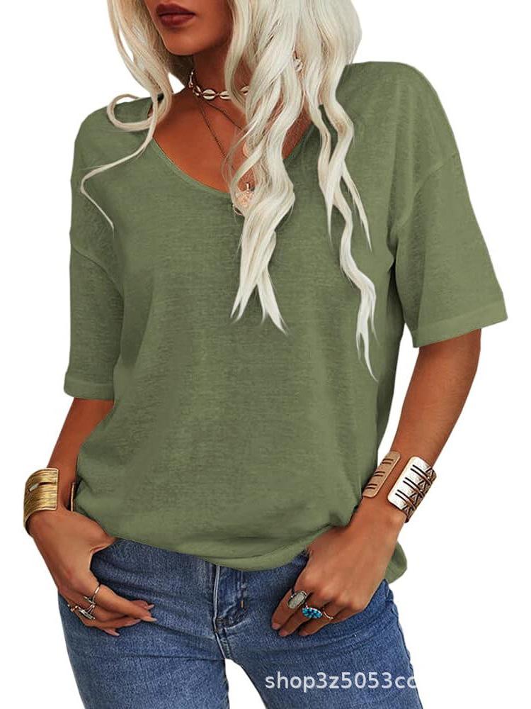 Women's V-Neck Short Sleeve Loose T-Shirt - Casual Basic Top