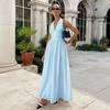Pure cotton long dress, European, American spring and summer waist V-neck strap long dress, big swing dress women