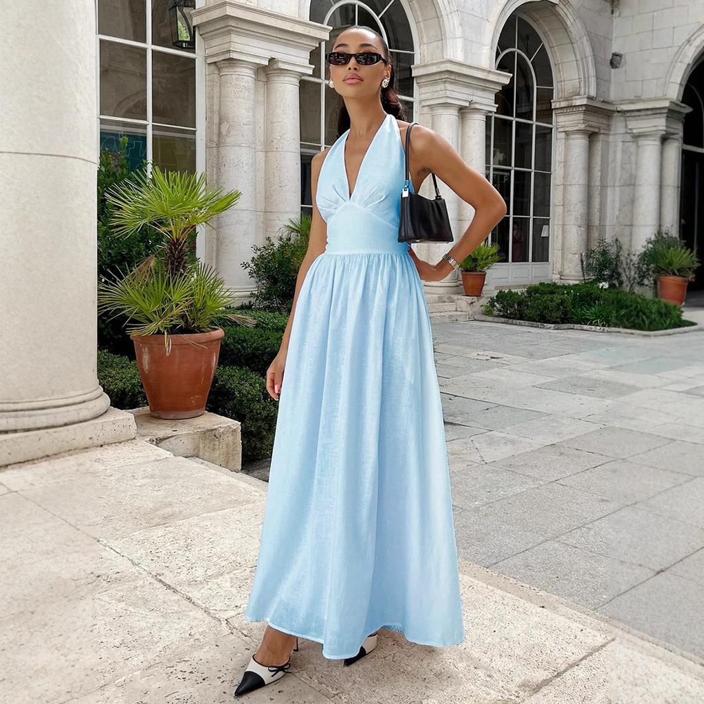 Pure cotton long dress, European, American spring and summer waist V-neck strap long dress, big swing dress women