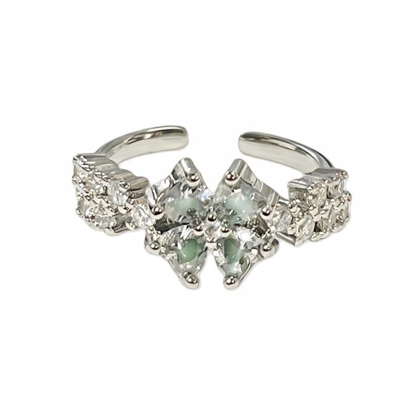 Forest-Inspired Pink Diamond Adjustable Ring with Butterfly and Four-Leaf Clover Design