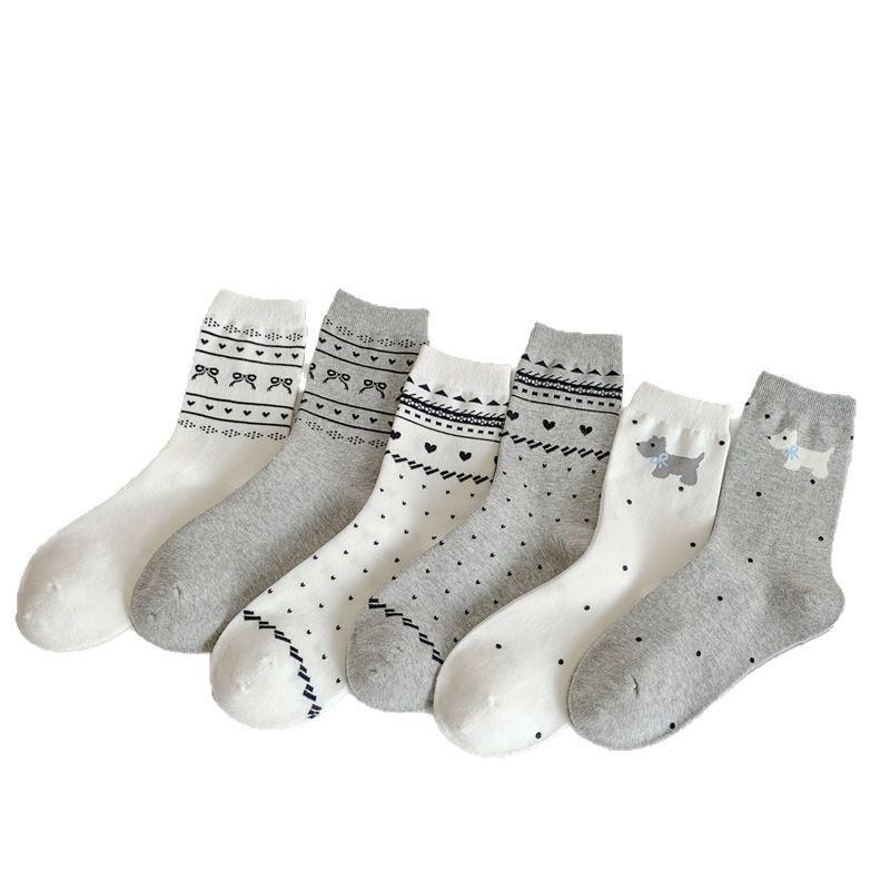 Love Jacquard Spring Puppy Cotton Bow New Product Stack Socks Mid-Leg Socks Casual Sports