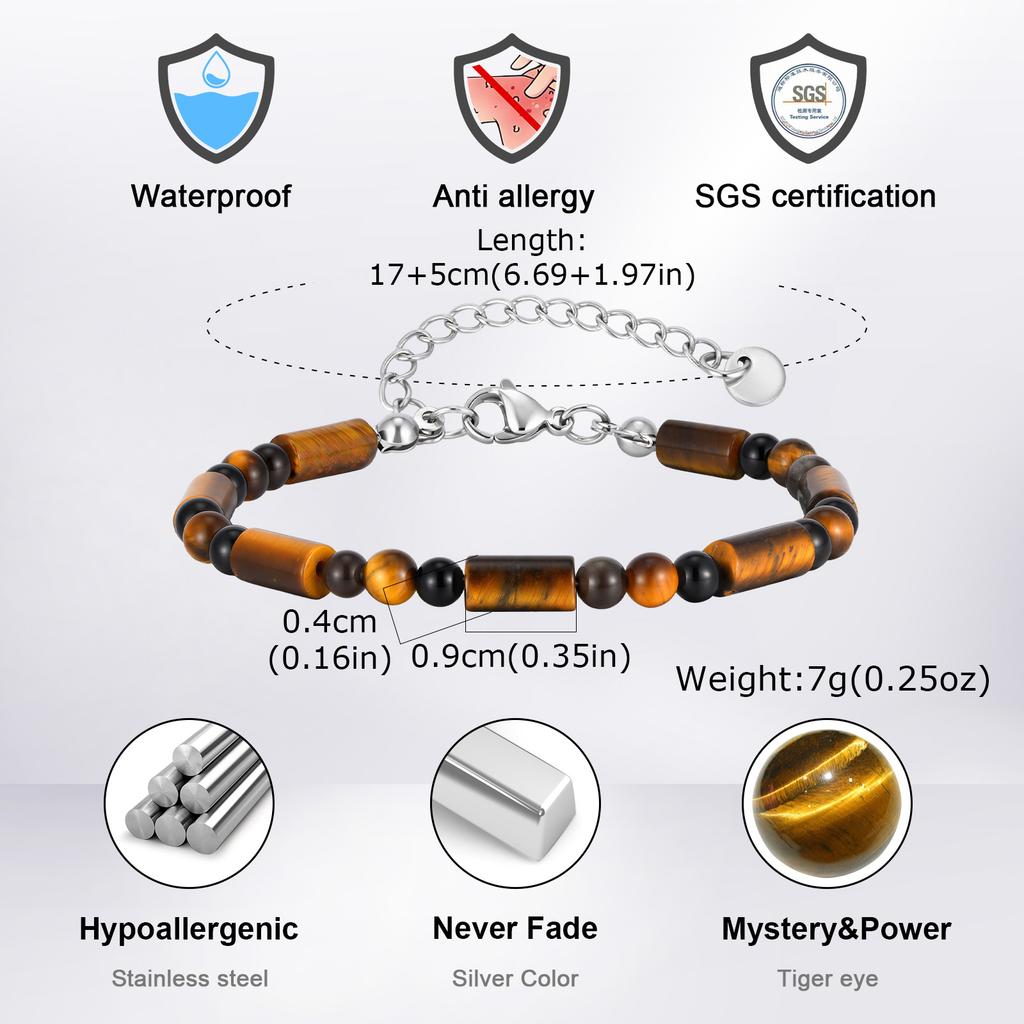 Fashion Classic Natural Stone Beaded Bracelet for Men, Adjustable Stainless Steel Chain Wristband, Agate Tiger Eye Jewelry Gift