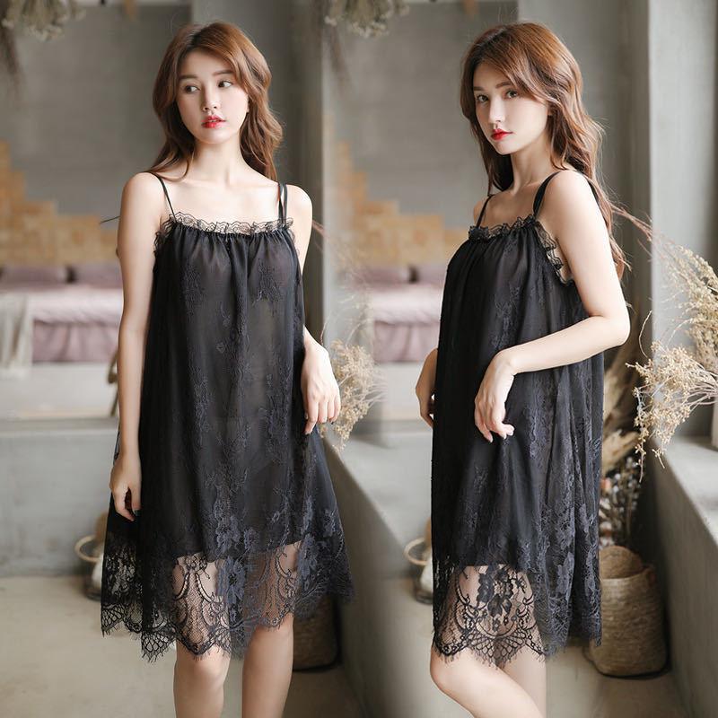Seductive Lace Spaghetti Strap See-Through Nightgown for Women