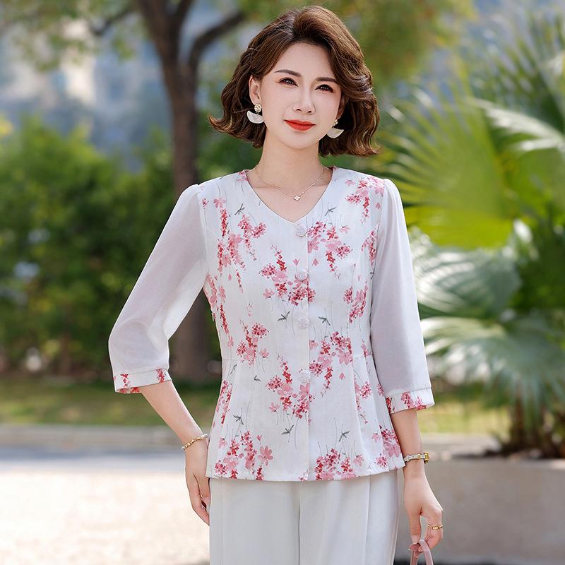 Elegant Summer Short-Sleeved Top for Middle-Aged Women