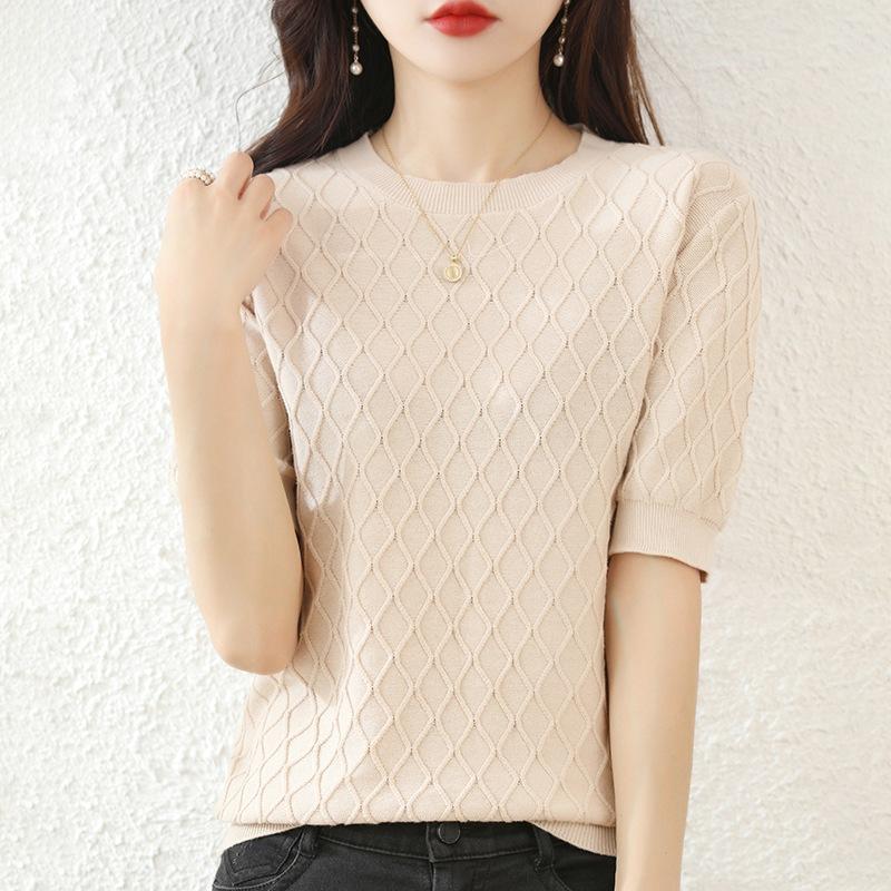 Round Neck Cotton Thread Short-sleeved T-shirt In Summer Latest Comfortable Fit Hollow Knit Sweater Half-sleeved Thin Diamond Knitted