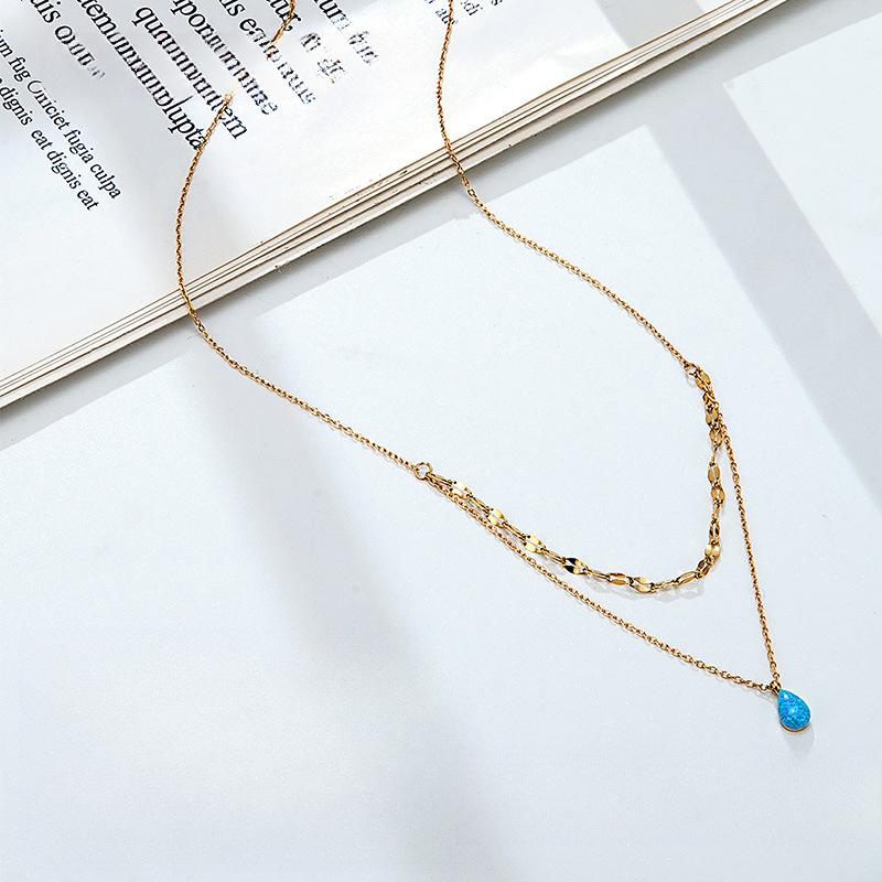Japan And Korea Blue Water Drop Double-Layer Opal Necklace Women'S Summer High-End Niche Collarbone Premium Durable