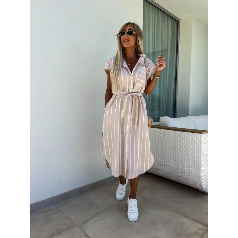 JKASHDK Damenmode Sommer Frühling Streifendruck Kurzarm POLO Ausschnitt Hohe Taille Freizeitkleider