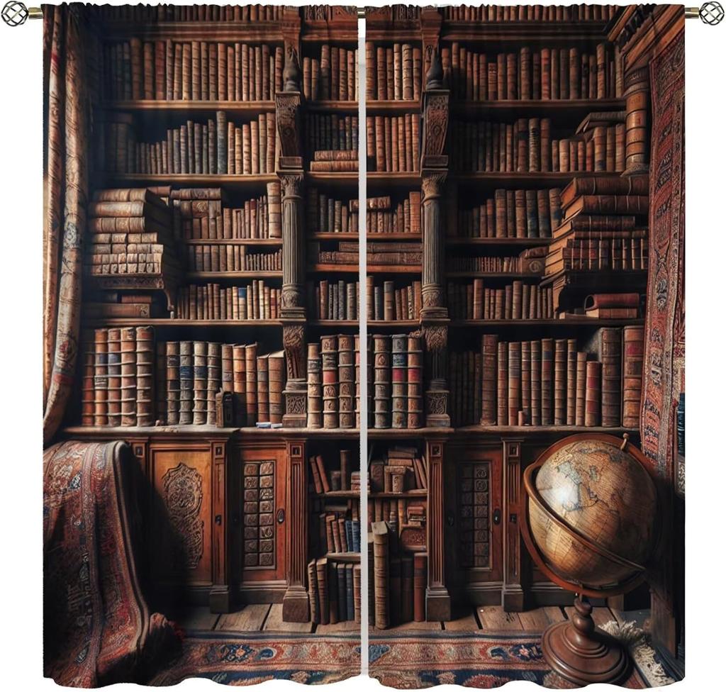 Gothic Bookshelf Curtain Antique Bookcase Spooky Skull Magic Book Halloween Themed Decor Window Kids Teens Adults Curtains Made Of Polyester