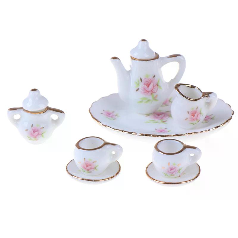 8pcs 1/12 Dollhouse Miniature Dining Ware Porcelain Tea Set Dish Cups - For Dollhouse Decoration