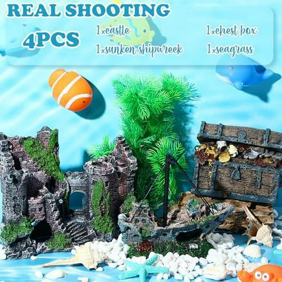 Reptile & Aquatic Decor Set: Resin Ship & Castle Ornaments with Simulated Plants