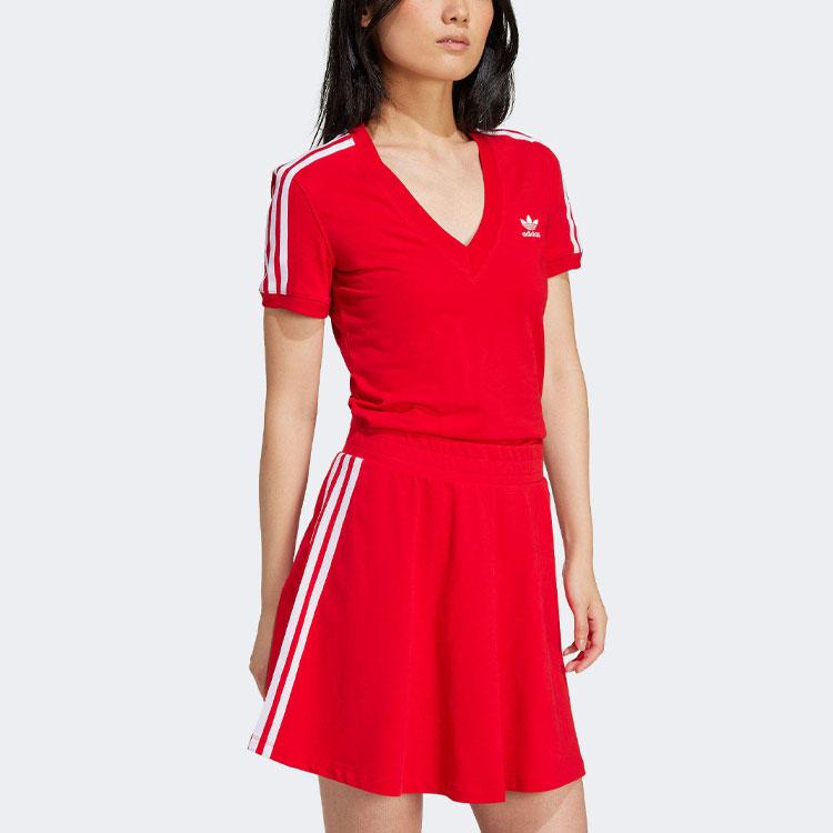 Adidas Originals Three Stripe Color Block V-Neck Slim Fit Short Sleeve T-Shirt Women Tops Red IR8116