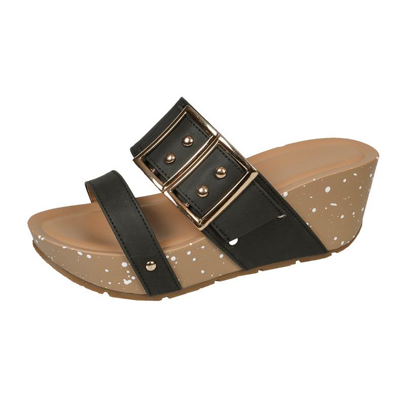 Mode 2025 Sommer Neu Gürtelschnalle Damen Hausschuhe Mode Outdoor Offene Zehen Übergröße Nieten Lässig Bequem Keilabsatz Hausschuhe Zapatos