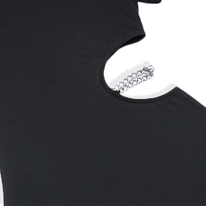Mode Neue Slim Fit Schwarz Sexy Abendkleid Frauen Hohe Taille Hohl Metall Kette Spleißen Party Kleider für Frauen Sommer Casual Kurze kleid 25843