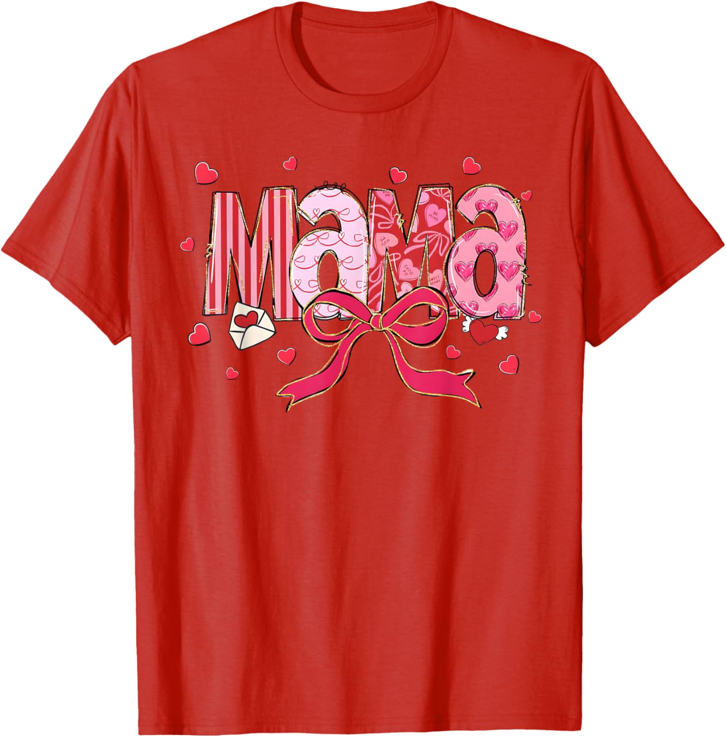 Valentine Mama Heart Ribbon Graphic Tee Soft Cotton Crewneck T-Shirt for Women S