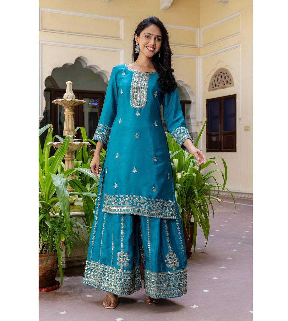 Indian Designer Party Wear Salwar Suit Palazzo Set Women Bollywood Chinon Silk Salwar Kameez