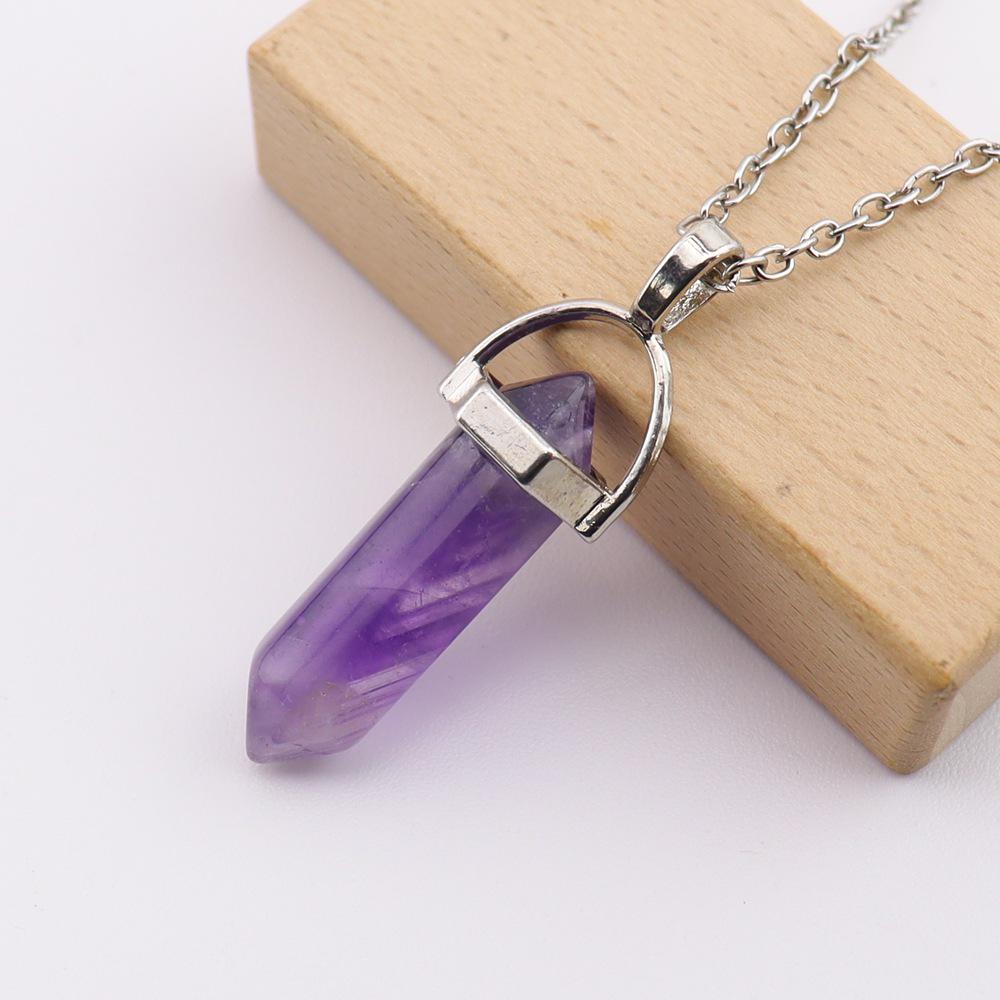 Handmade Amethyst Rose Quartz Hexagonal Pillar Pendant Necklace (N760)
