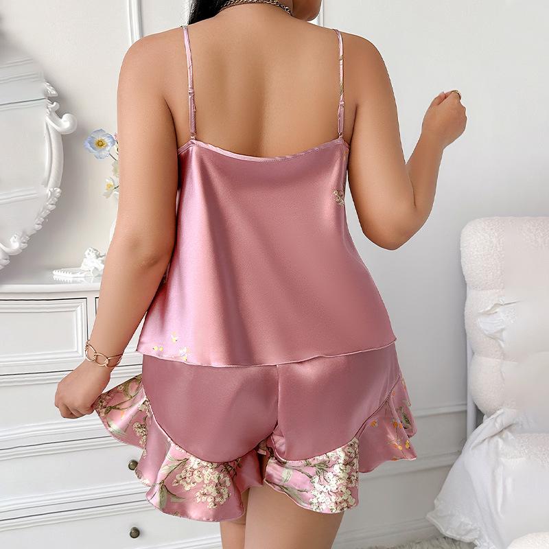 Plus Size European & American Ice Silk Print Pajamas - Fashionable Casual Homewear for Women