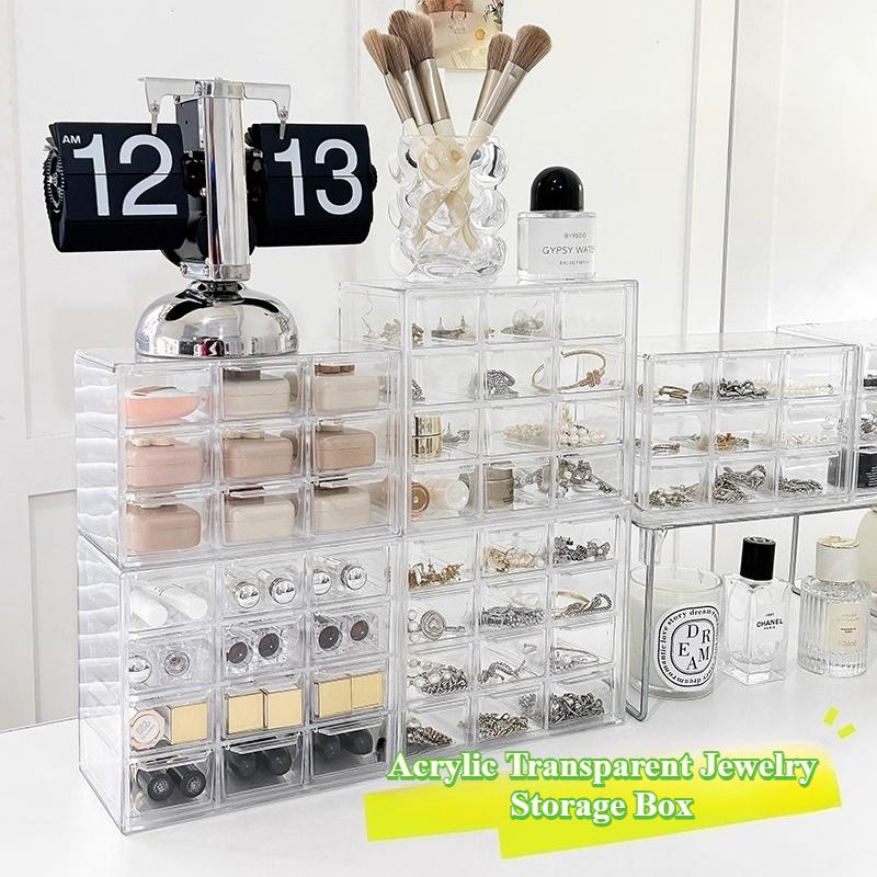 Transparent Jewelry Storage Box Organizer Table Drawer-Type Stackable Organizing Box 9 Grid Acrylic Display Jewelry Storage Rack