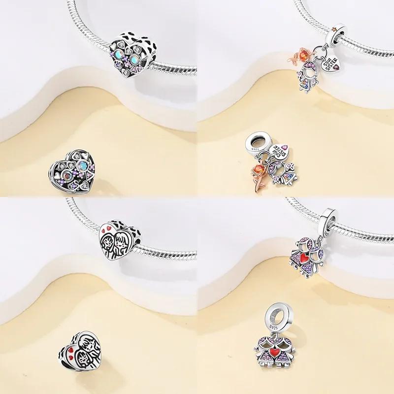 925 Silver Sisters On Swing Heart Charm Beads DIY Bracelet Fine Jewelry Gift for Women Sister Forever