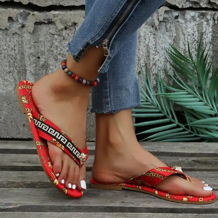 Sexy Flip-Flops Women's Slippers New Fashion Fashion Printing Flat Flip-Flops Outdoor Slippers Flat Slippers Women's Large Size