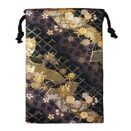 Senshishuin Nishijin Brocade Drawstring Bag (Lined) with Smoky Fan Cherry Blossom Design, Medium Size