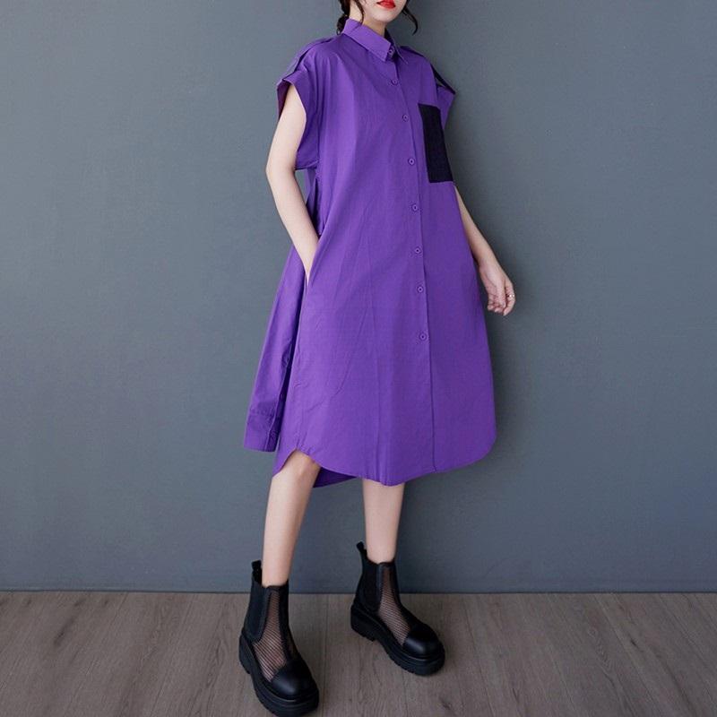 

Платья оверсайз винтажные с коротким рукавом новинка для женщин повседневные летние миди длинные платья-рубашки элегантная одежда фиолетовый