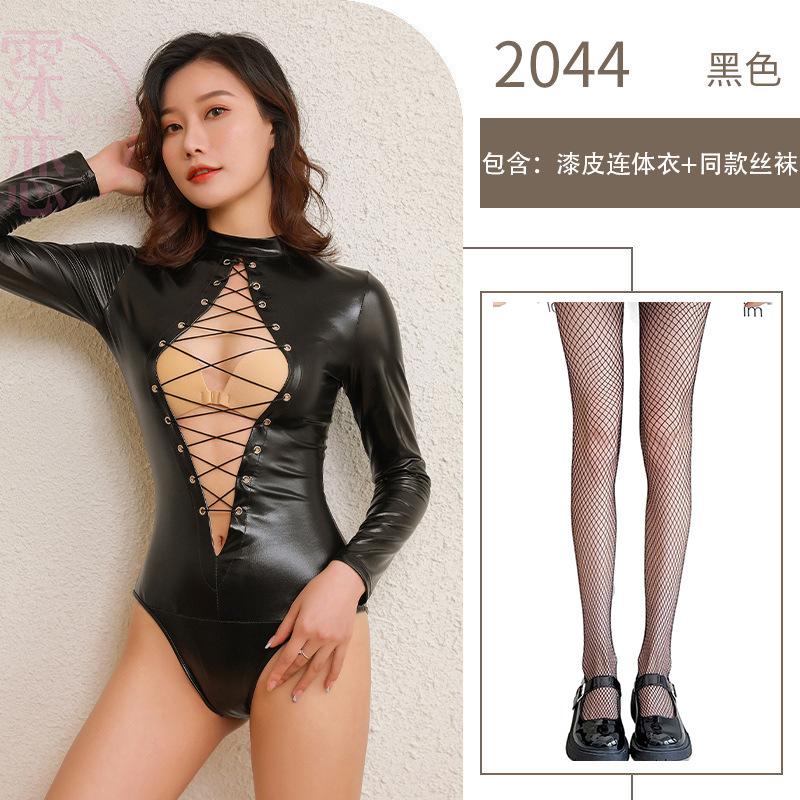 Patent Leather Uniform Seduction Breast One-piece Sex Underwear Sexy Open Crotch Tight Nightclub Performance Suit Pure Desire