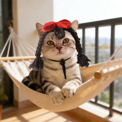 Yarn Wig Cat Hat Pet Wig Bow Bendable Cat with Cute Double Braids Wig with Adjustable