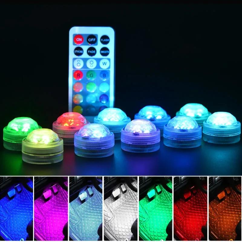1/10pcs Car Mini Wireless LED Lamp Multi Color Fish Tank Decor Light Home Remote Control Waterproof Lamp Party Atmosphere Light