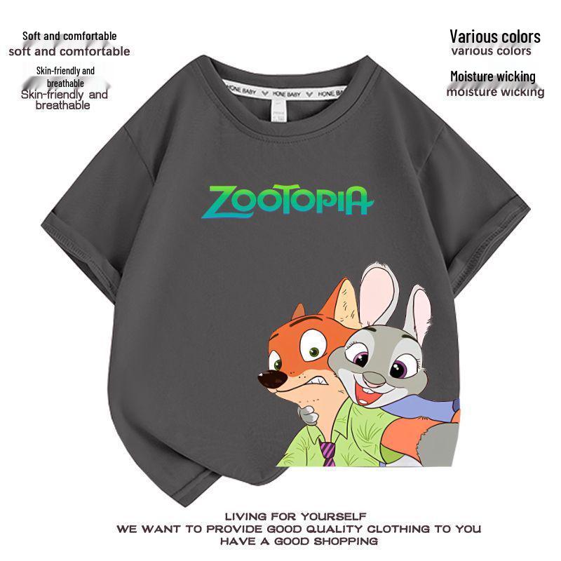 Kids' Zootopia Cartoon T-Shirt - Short Sleeve, Pure Cotton, Stylish Summer Top for Boys and Girls
