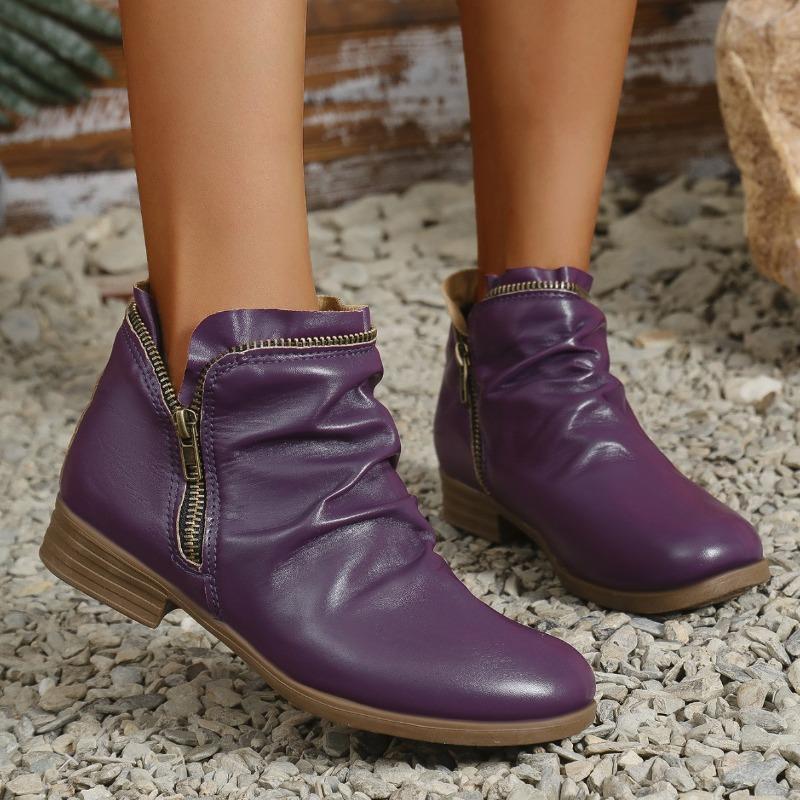 Women's High Quality Round Toe PU Leather V-Cut Zipper Martin Boots