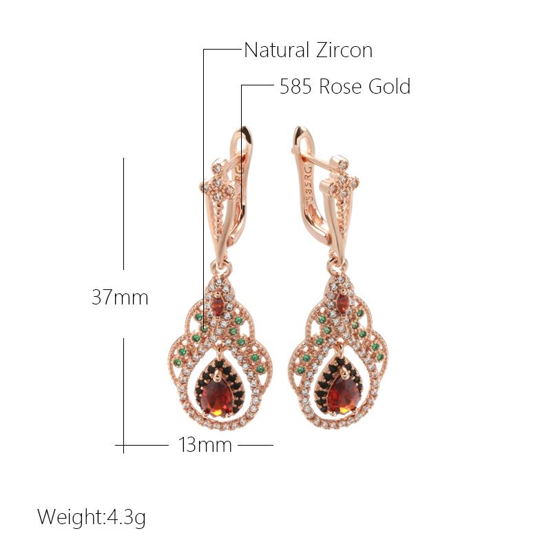 New  Rose Gold Color Drop Earrings For Women Crystal Flower Red Natural Zircon Earrings For Women Vintage Jewelry