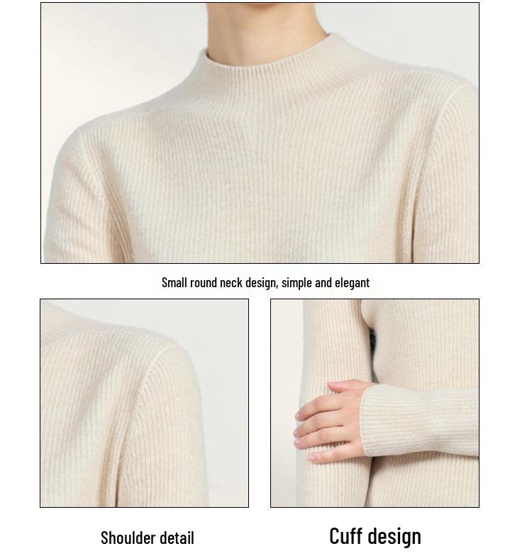 Women's Seamless Wool-Cashmere Slim Fit Sweater - Long Sleeve, Semi-High Neck, Solid Color