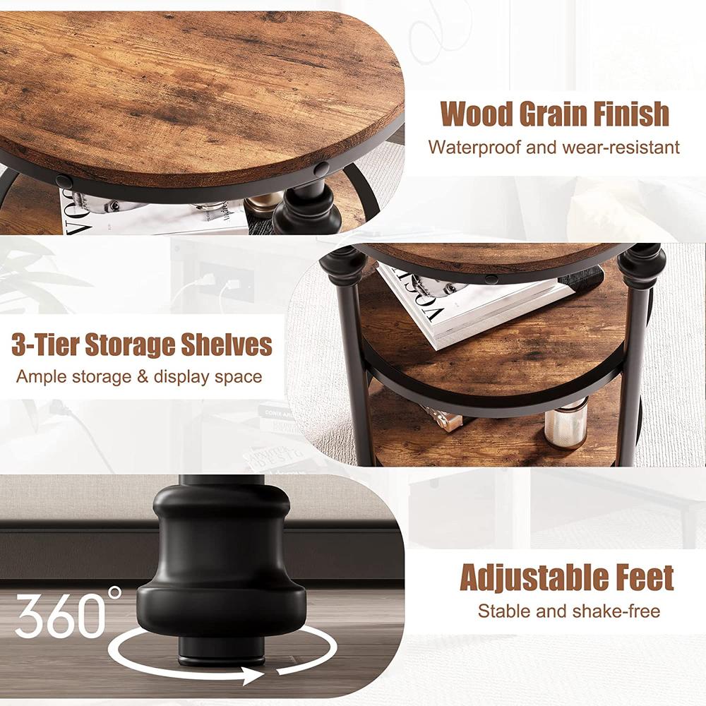 3-Tier Round Side Table Accent Table with Storage Shelf and Metal Industrial Wood Bed Side Table Night Stand for Bedroom