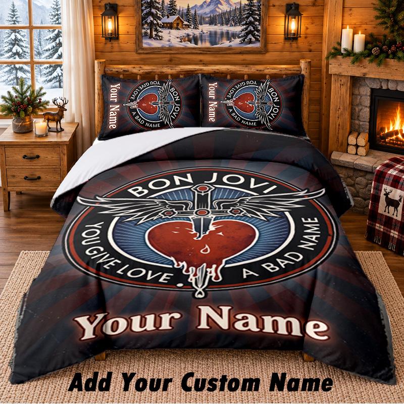 Bon Jovi Pattern Bedding 3Pcs Set Custom Name, Bed Sheet And Pillowcases For Home Bedroom