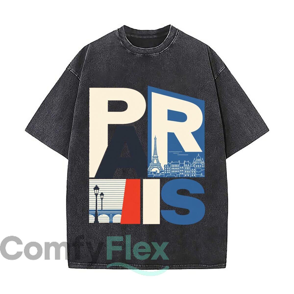 Bold Paris Block Letter Graphic Loose Solid Distressed T Shirt American Casual Crew Neck Top S