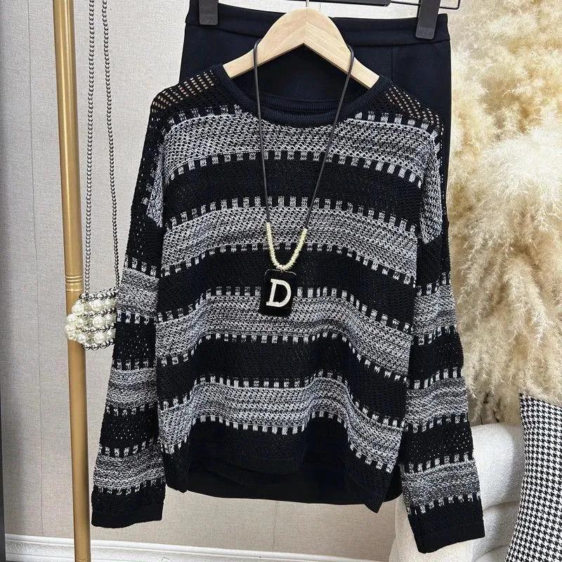 Striped Round Neck Long-sleeved Sweater Women's Autumn Off-shoulder All-match Casual Knitted Top
