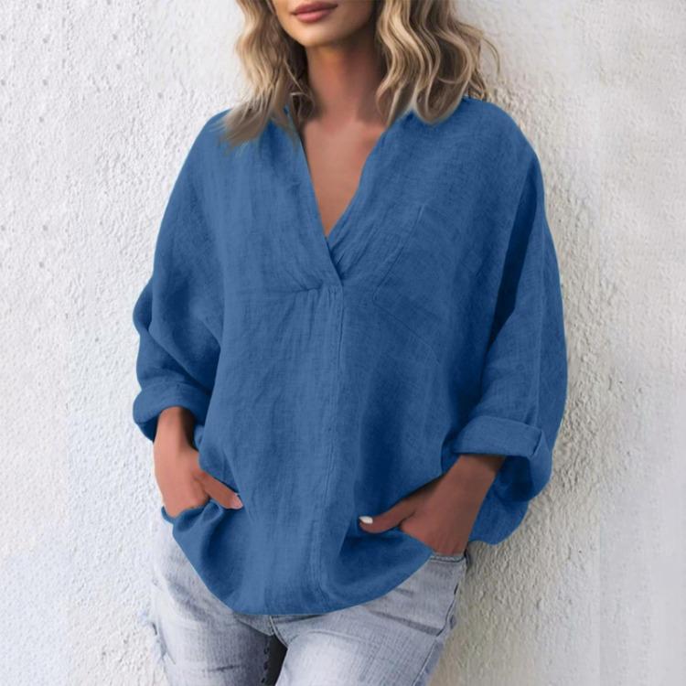 Fashion Women Long Sleeve Pullover Top V Neck Casual Cotton Linen