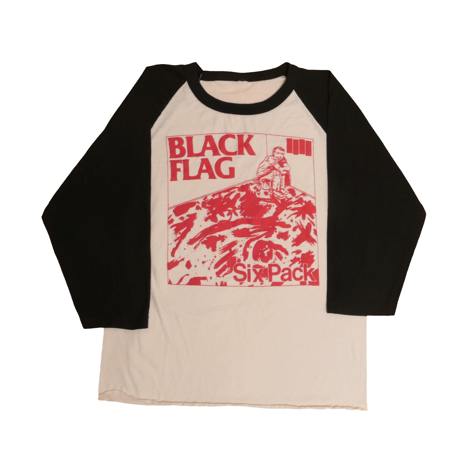 Black Flag Raglan Baseball Tee Raymond Pettibon Album Art Six Pack Vintage American Punk Rock Band Faded Off White Black Sleeve Shirt - Med S
