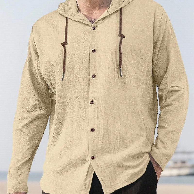 Spring and Summer Long Sleeve Men's Casual Shirt European Style Hooded Top Button Loose Shirt