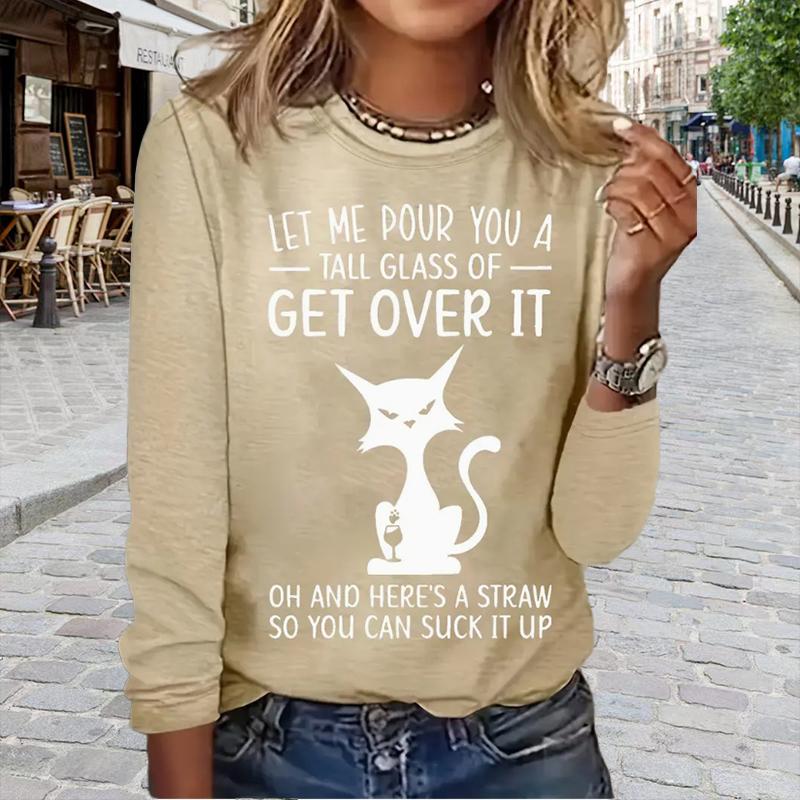 

Топы для женщин с принтом в виде 3D-кота и лозунгом, круглый вырез, длинный рукав, футболка, осенний повседневный тонкий пуловер, женский топ с длинным рукавом 8XL бежевый