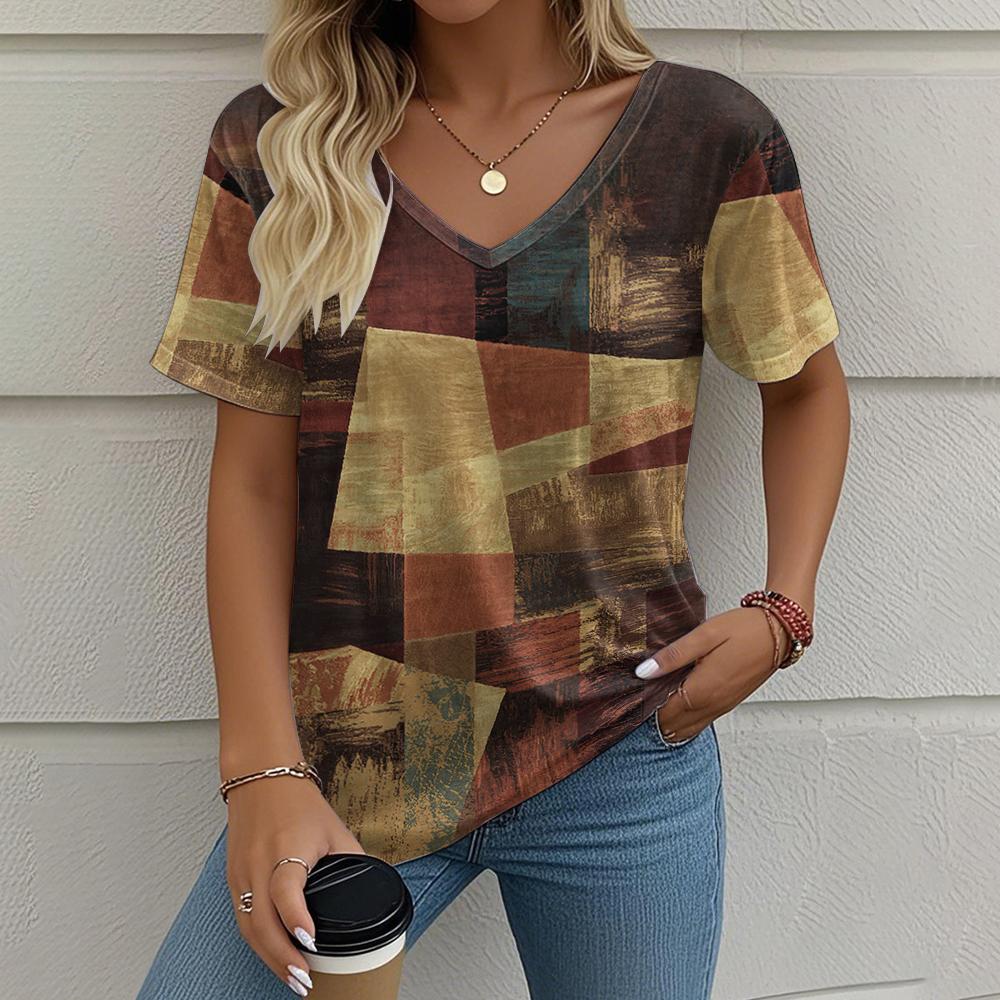 Vintage Women's T-shirt Ethnic Group Print Summer Crew Neck Short Sleeve Outdoor Casual T Shirts Female Oversized Clothing