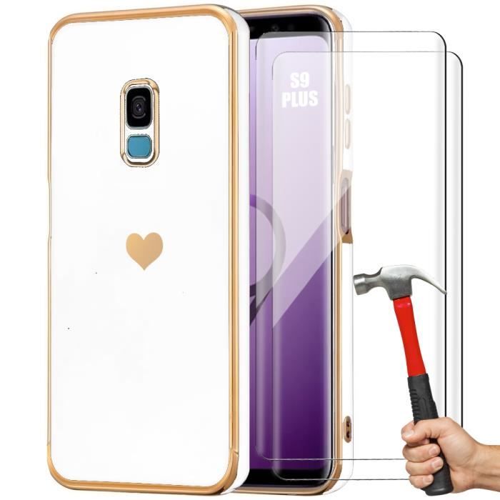 Coque TPU - Samsung - Galaxy S9 Plus - Blanc - Motif Cœur - 2 Verres Trempés