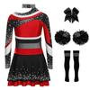 Girls Cheerleading Costume Set Long Sleeve Rhinestone Letter Print Color Block Top Skirt Bowknot Headband Striped Socks Pom Poms