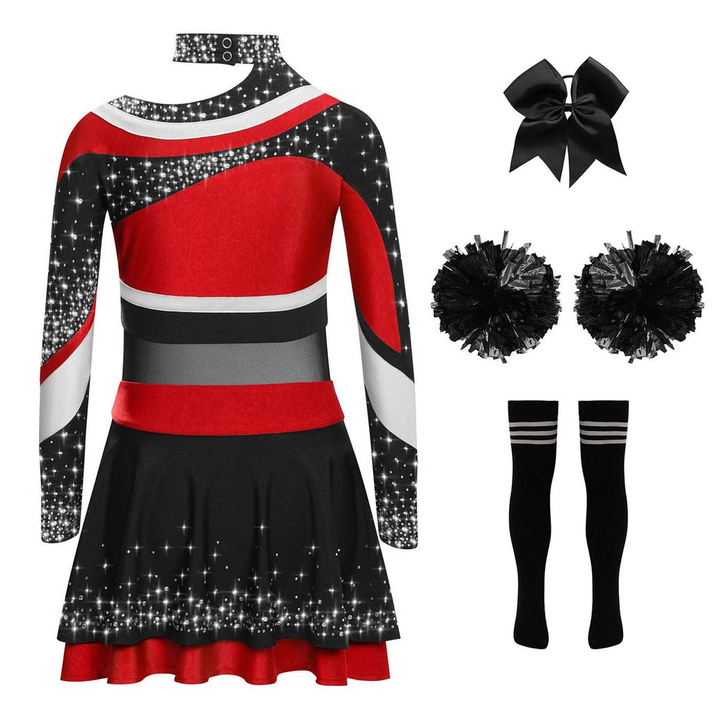 Girls Cheerleading Costume Set Long Sleeve Rhinestone Letter Print Color Block Top Skirt Bowknot Headband Striped Socks Pom Poms