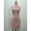 Women Sexy Sequin Halter Backless Sleeveless Solid Bodycon Mini Dress