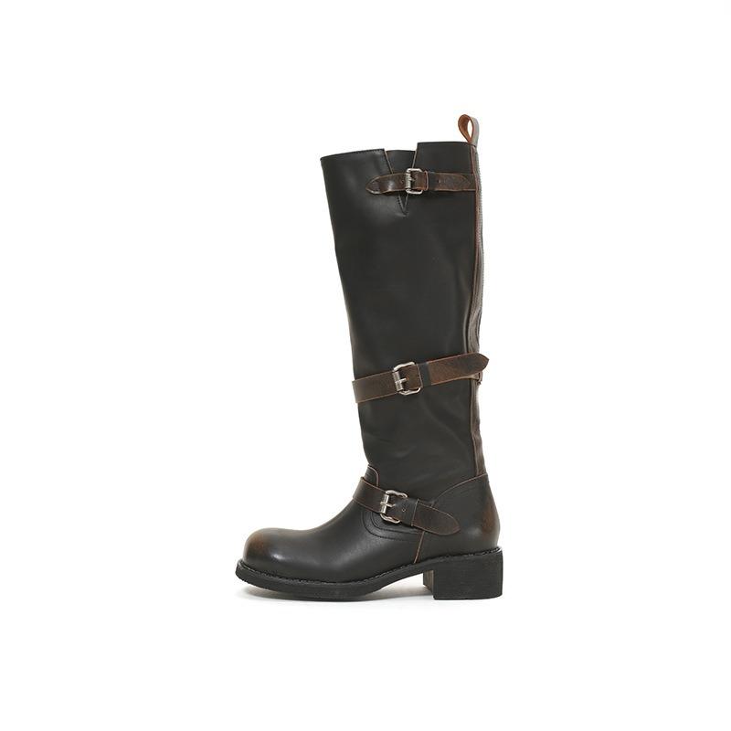 Retro Shoes, Round-toed Thigh-high Ankle Boots, Belt Buckle High Ankle Boots, Women's Long Ankle Boots